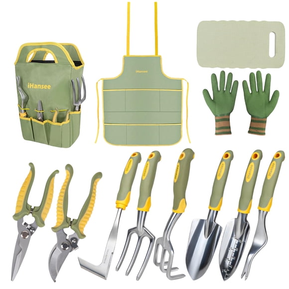 Set de herramientas de jardinería iHansee de 12 piezas de aluminio con delantal y guantes