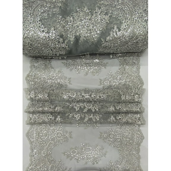 DECORATIVE SILK INC. Sequin lace Fabric with Embroideries on mesh - 1 Yard (SILVER) VT-14