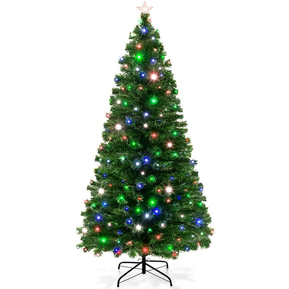 Best Choice Products 6ft Pre-Lit Fiber Optic Artificial Pine Christmas Tree w/ 230 Multicolored LED Lights, 8 Sequences