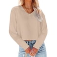 thumbnail image 2 of Women Long Sleeve Solid Color V Neck Cropped T Shirts Crop Tops, 2 of 5