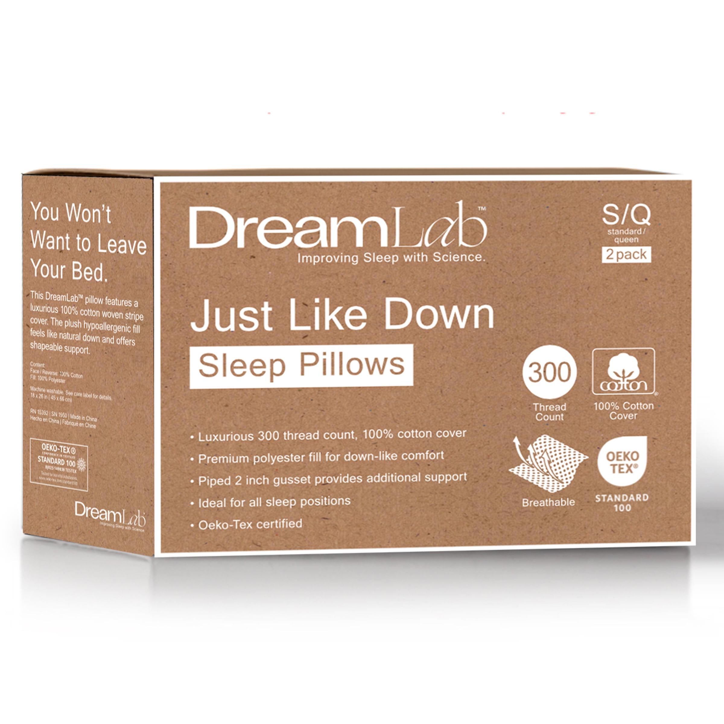 DreamLab Just Like Down Pillows for Back, Stomach or Side Sleepers, Set of 2, Standard/Queen