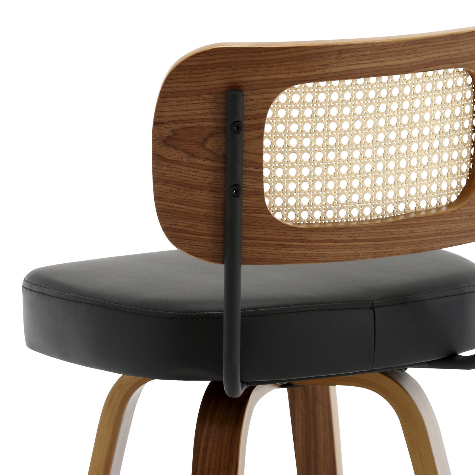 Foreate Swivel PU Bar Stools, Set of 1, 29" Bar Height Upholstered Leather with Rattan Back Wood Legs, Modern Chair Island Counter Stool for Kitchen, Black