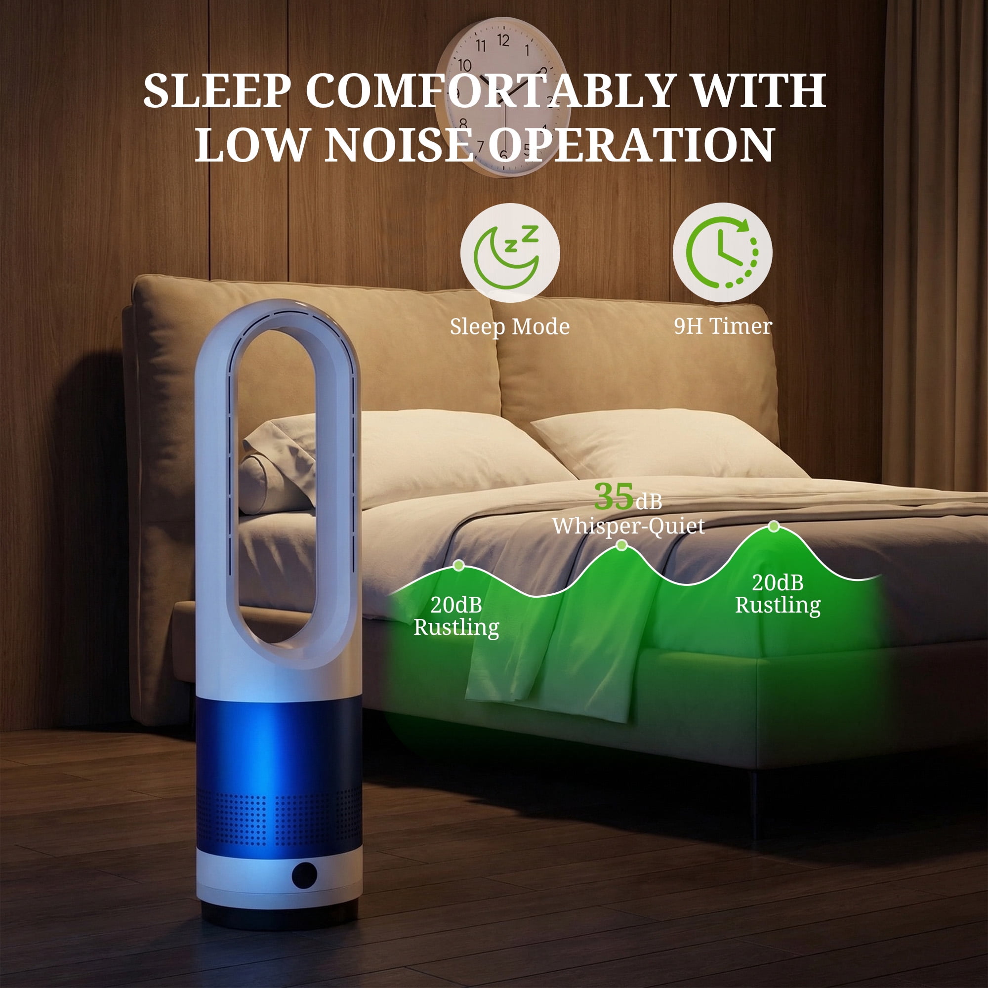 Simenmax 22'' Bladeless Tower Fan, 80° Oscillating Quiet Cooling Fan, 8 Speeds & 8H Timer, Remote Control with LED Display for Home Office Living Room,Blue