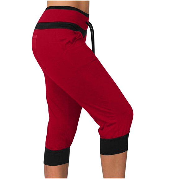 asjyhkr Capri Pants for Women High Waist Drawstring Jogger Color Block Casual Breathable Running Gym Workout Pants with Pockets
