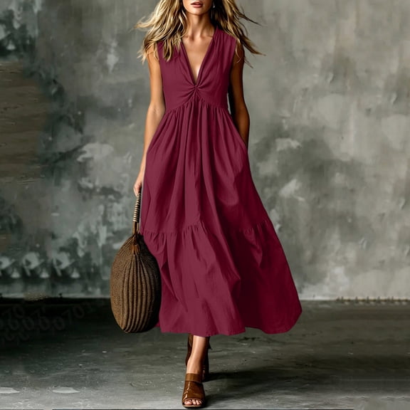 QUNYINEY A Line Casual Dresses for Women Sleeveless Long Cotton Sundress Flowy V Neck Loose Fit Solid Summer Dresses