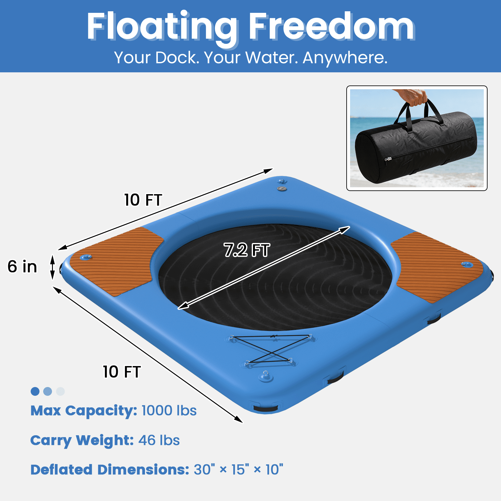 Bezliving 10 ft Inflatable Floating Dock with Mesh Swim Net, 6 in Thick Platform for Lake and Pool, Non-Slip EVA Deck, Heavy-Duty D-Rings