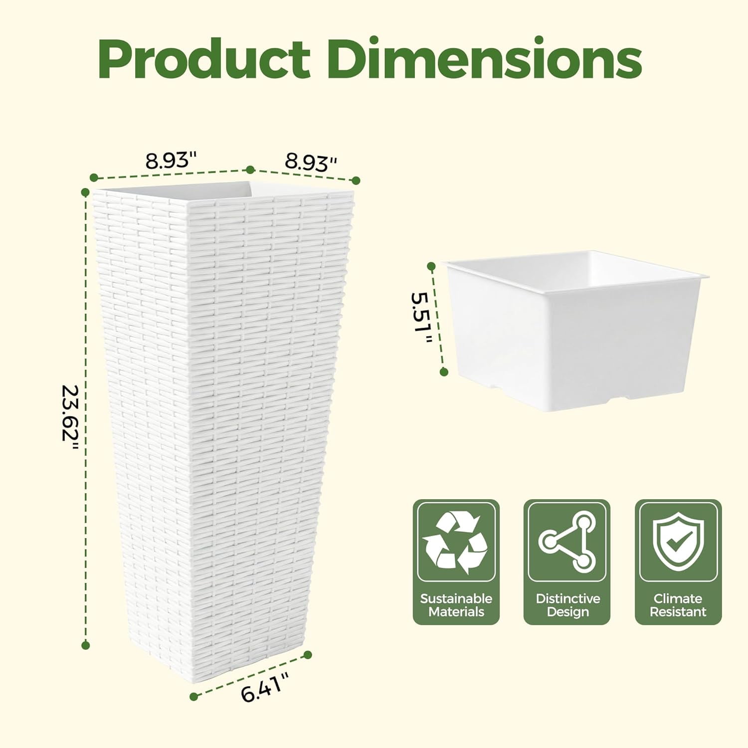 Memoryfield 24" Tall Planter Set of 2, Large Plant Pots with Removable Liners, Flower Tree Planters for Indoor & Outdoor Patio Porch Backyard, White