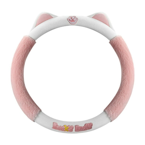 Funda de volante de felpa con orejas de gato, fácil de instalar y cómoda, para mujer. Rosa