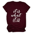 thumbnail image 1 of Camiseta de manga corta color vino tinto para mujer, top informal de gran tamaño con estampado de letras blancas, 1 of 4