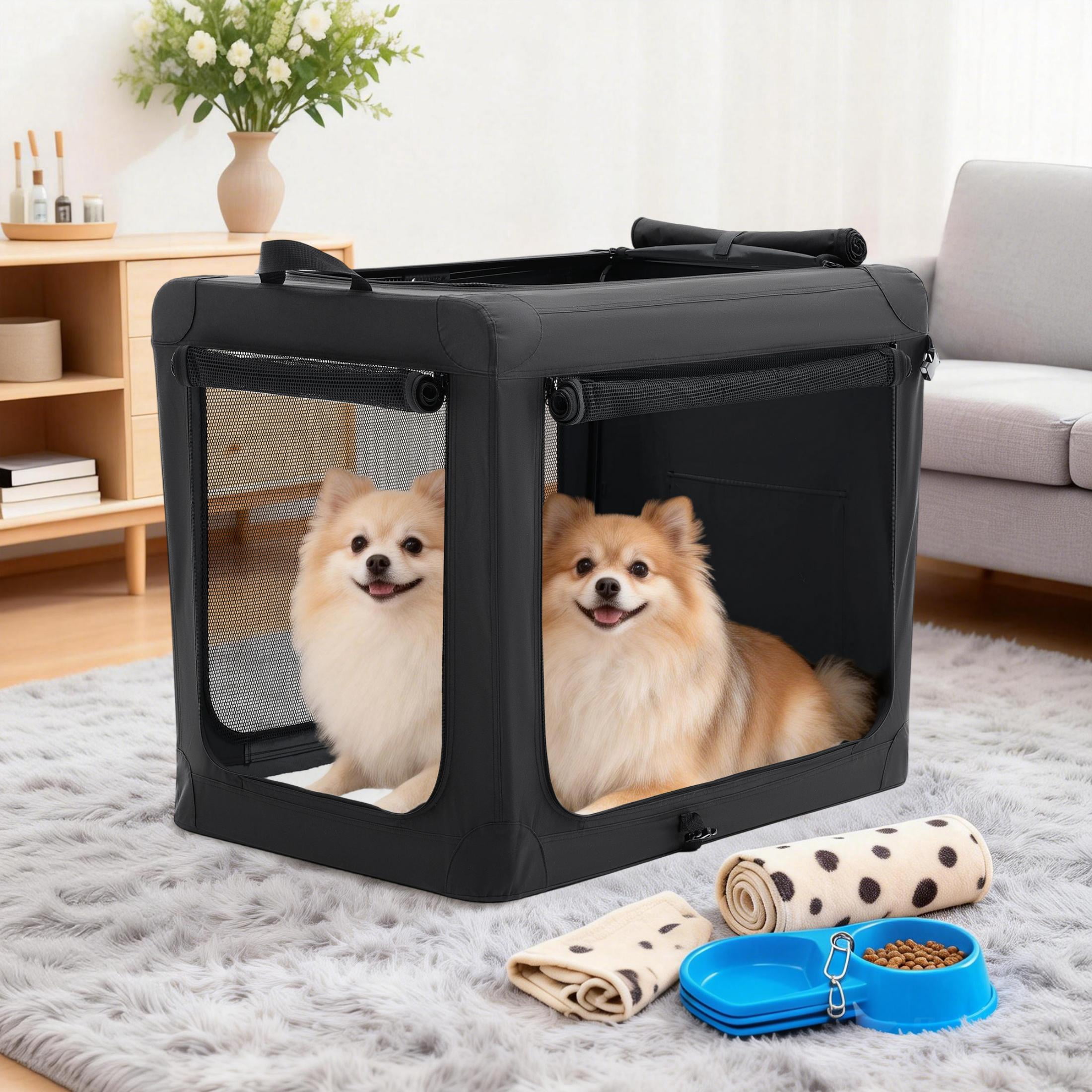 edx 30 Inch Portable Foldable Dog Crate for Small Medium Dog, 3-Door Soft Pet Airline Approved Crate with Storage Bag & Washable Pad, Up To 50Lbs, For Indoor Outdoor Dog/Cat/Pet Kennel Carrier, Black
