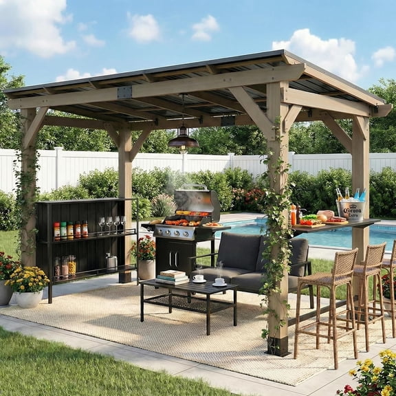 CHARMELEON 6 Ft. x 12 Ft. Cedar Wood Grill Gazebo with Storage Cabinet & Bar Counter, Permanent BBQ Pavilion with Galvanized Steel Roof for Patio, Backyard, Garden, Deck