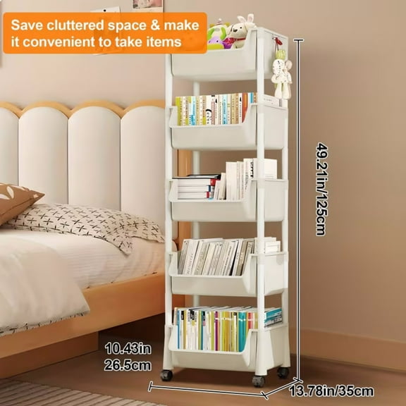 5-Tier Plastic Rolling Utility Cart, Multi-Functional Storage Trolley for Office, Living Room, Kitchen, Movable Storage Organizer with Wheels, White