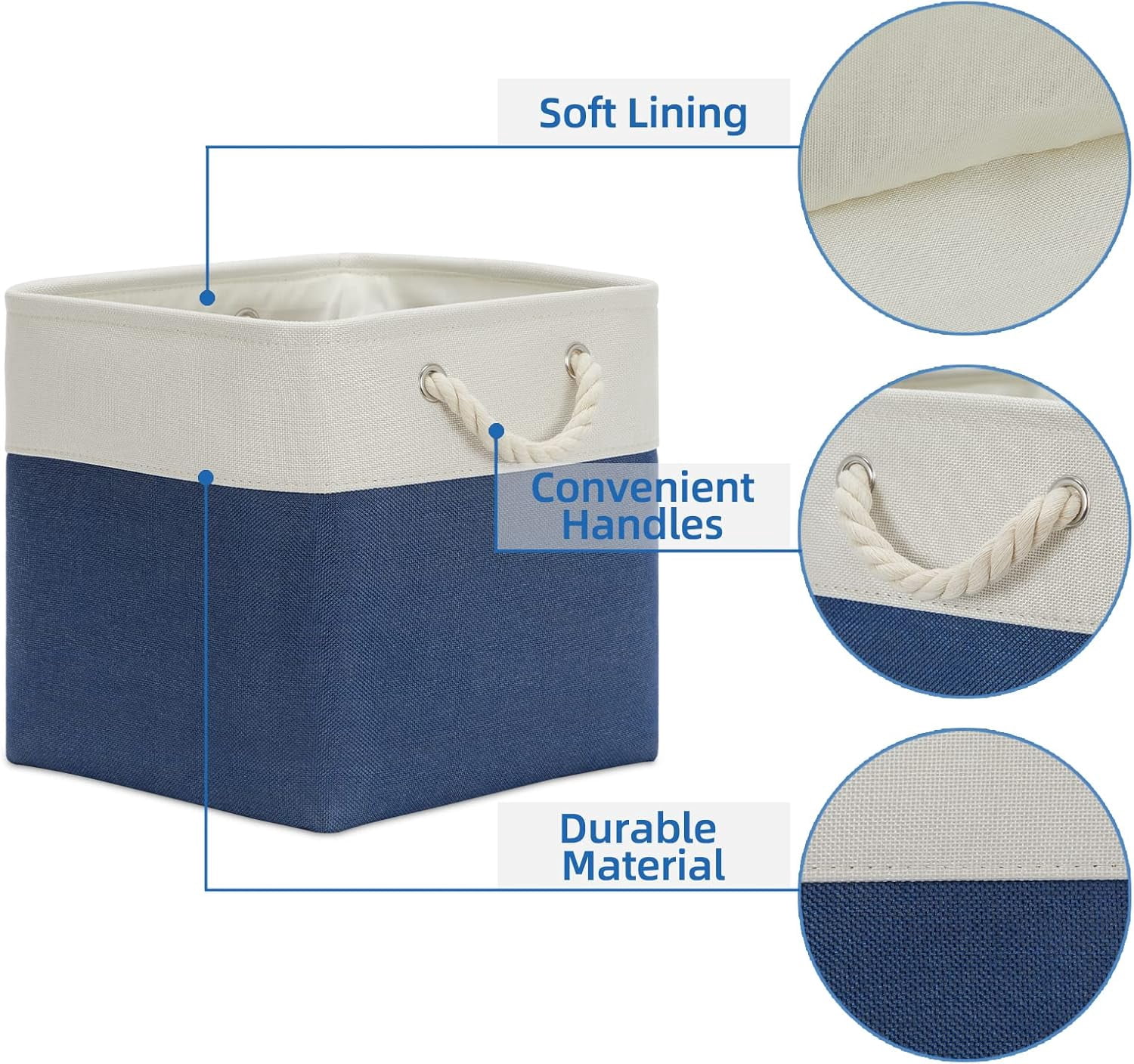 Storage Baskets for Shelves 13x13 Baskets for Gifts Empty, 4 Pack Shelf Baskets Large Storage Baskets Cube Storage Bins Fabric Storage Cubes with Handles for Shelves (White&Blue)
