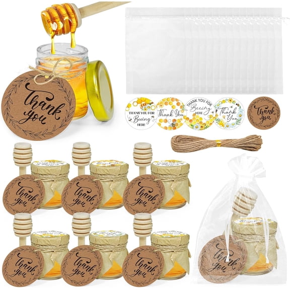 24 Set Mini Honey Jars with Dippers Honey Jars Party Favors with Thank You Cards, Bee Stickers, Gift Bags, Twine & Wrap for Baby Shower Return Gifts, Tea Party, Wedding Favors for Guests