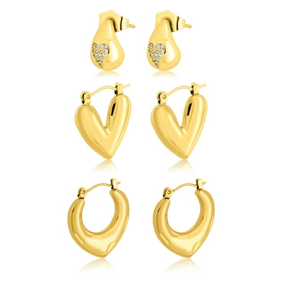 JeenMata Multiple 3 pcs Enchanting Heart and Hoop Earrings Set in Yellow Gold Plated
