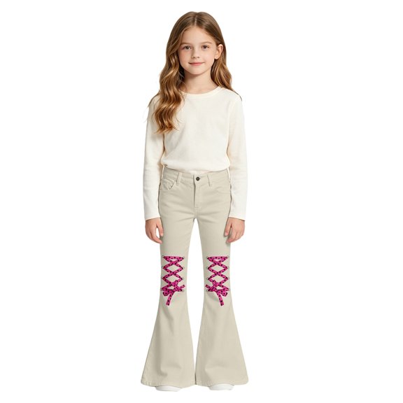 Tfken Children Soft Lightweight Pants Daily School Wear Girls Denim Flare Pants With Pockets Fashion Adjustable Tie Kids Casual Clothes Size 5-6 Years Beige
