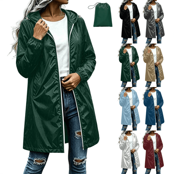 Zeijnsda Womens Raincoat Spring Lightweight Hooded Rain Jackets Waterproof Mid-Length Solid Outerwear Long Sleeves Zip-Up Coat for Rainy Days with Packable Bag