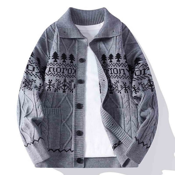 Donemore Men's Knitted Sweater Loose Fit Stretch Half-Zip Stand Collar Christmas Deer Jacquard Pullover Long Sleeve Casual Top