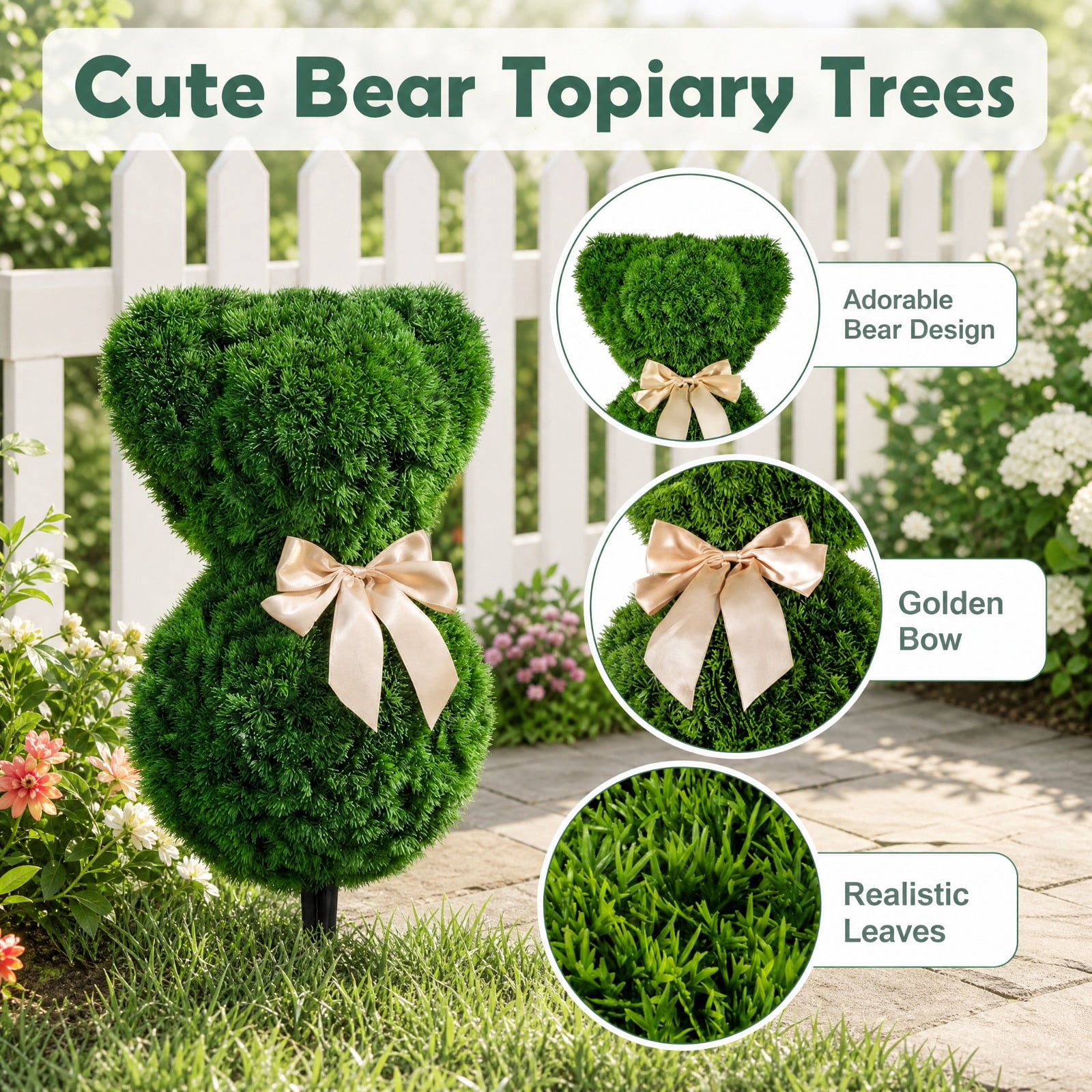 Vebreda Artificial Plant Decor, 2 Pieces Teddy Bear Topiary Trees Sun-resistant Faux Boxwood Plants with Bowknot, Whimsical Little Bears