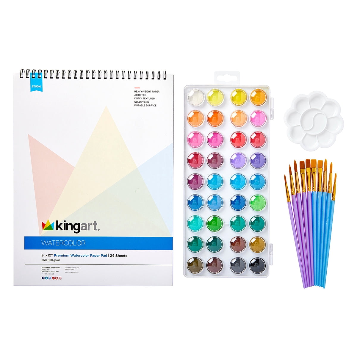 KINGART&reg; Studio Watercolor Painting Art Set - Paint, Brushes, Paper & Palette