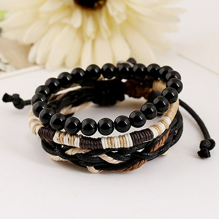 Yesbay Men's 3 Pcs Punk Style Wood Beads Knitted Leather Yesbay Men's 3 Pcs Punk Style Wood Beads Knitted Leather