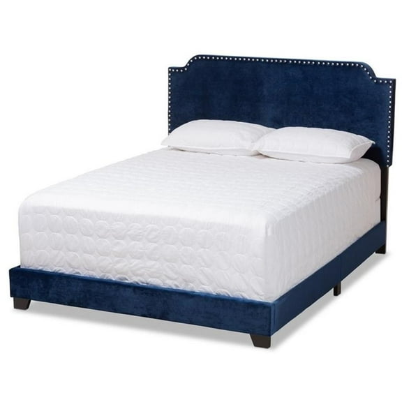 Bowery Hill Modern Upholstered Velvet Nailhead Full Bed in Navy Blue