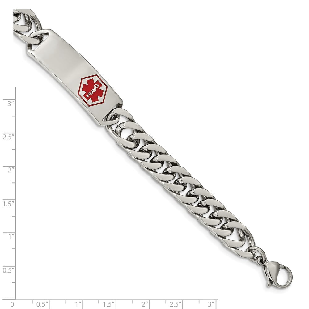 Stainless Steel Bracelet Medical Curb Men's 10.08 mm 8.5 in Chisel Polished with Red Enamel ID
