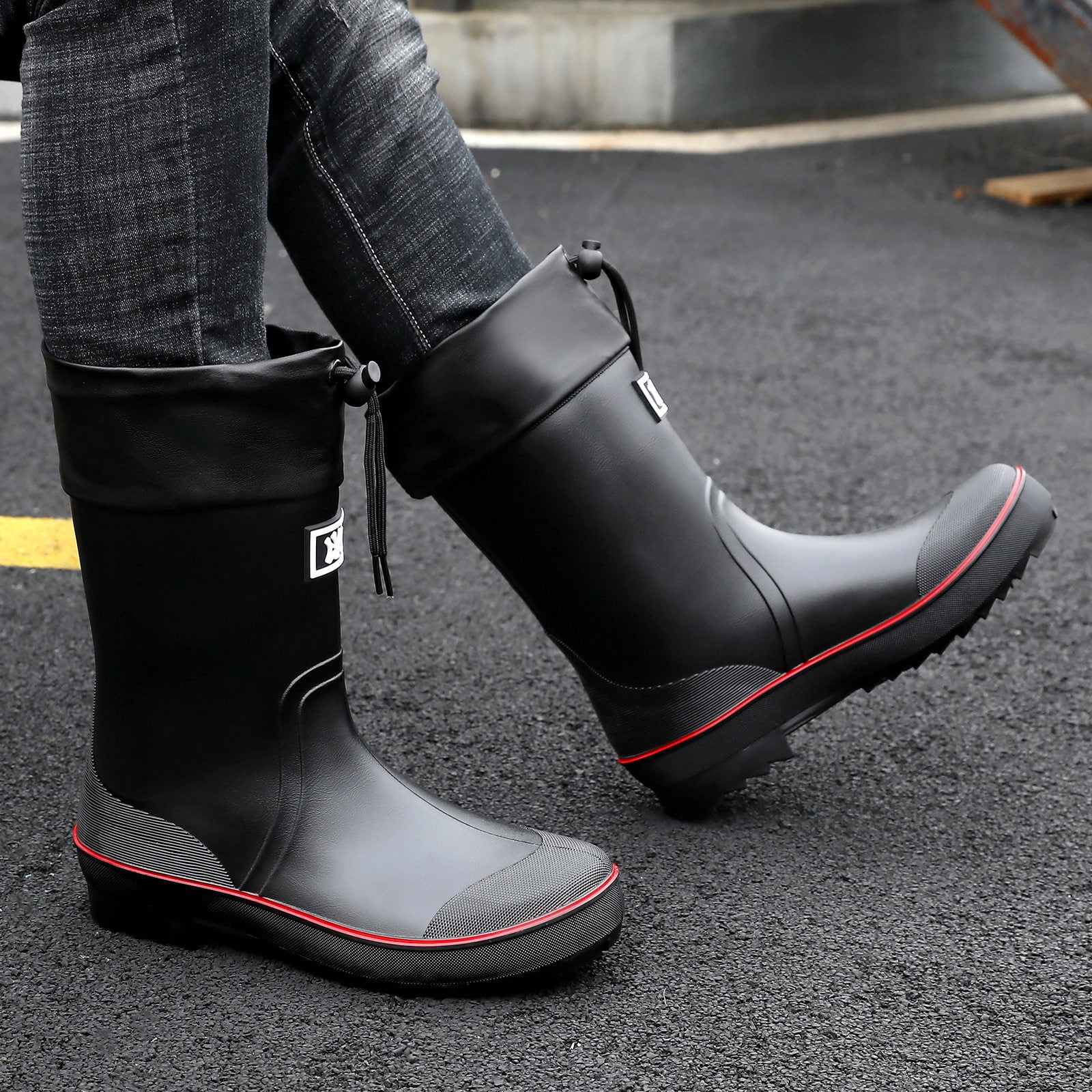 Lcamaw Rubber Rain Boots for Men, Waterproof Men’s Deck Boots with Adjustable Closure, Comfort Lightweight Work Mud Boots, Anti-Slip Mid-Calf Fishing Boots for Farming Gardening Hiking Outdoor