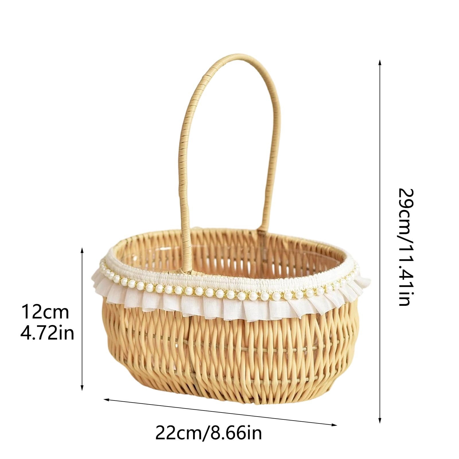 Pearl & Lace Trim Wicker Easter Basket - Handwoven Egg Basket with Handle - Versatile Picnic and Floral Planter for Spring and Weddings