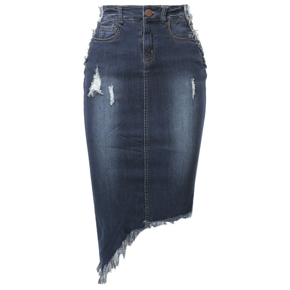 A2Y Women's Slim Fit Rayon Knee Length Unhem Asymmetric Denim Jean Pencil Skirt Dark Wash 3XL