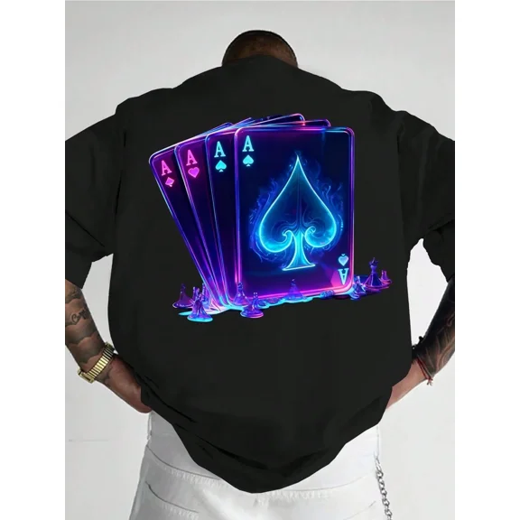 Men's Neon Ace Playing Cards Poker Graphic Short Sleeve T-Shirt