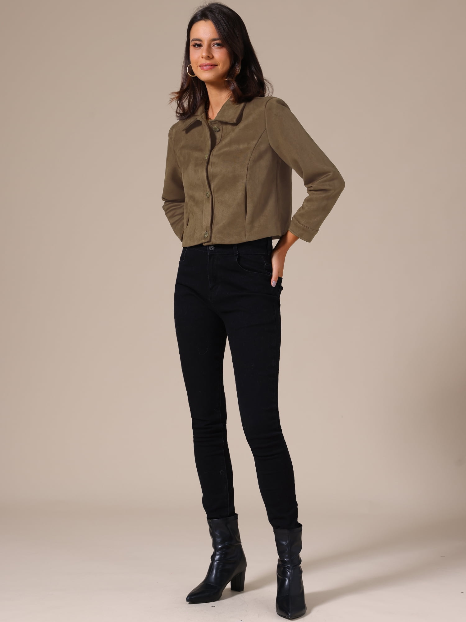 DARING DIVA Women's Faux Suede Long Sleeve Button Down Short Jacket Coat M Brown