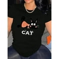 thumbnail image 1 of Camiseta básica para mujer veranoWomen's Cute Cat Graphic Tee - Casual Round Neck Short Sleeve T-Shirt, Soft Polyester Blend, Playful Black & Orange Cat Design, Perfect for Casual Attire or Summer V, 1 of 6