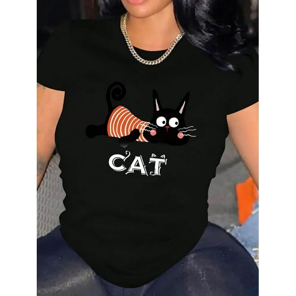 Women's Cute Cat Graphic Tee - Casual Round Neck Short Sleeve T-Shirt, Soft Polyester Blend, Playful Black & Orange Cat Design, Perfect for Casual Attire or Summer VacationsFather's Day, Mother's Da