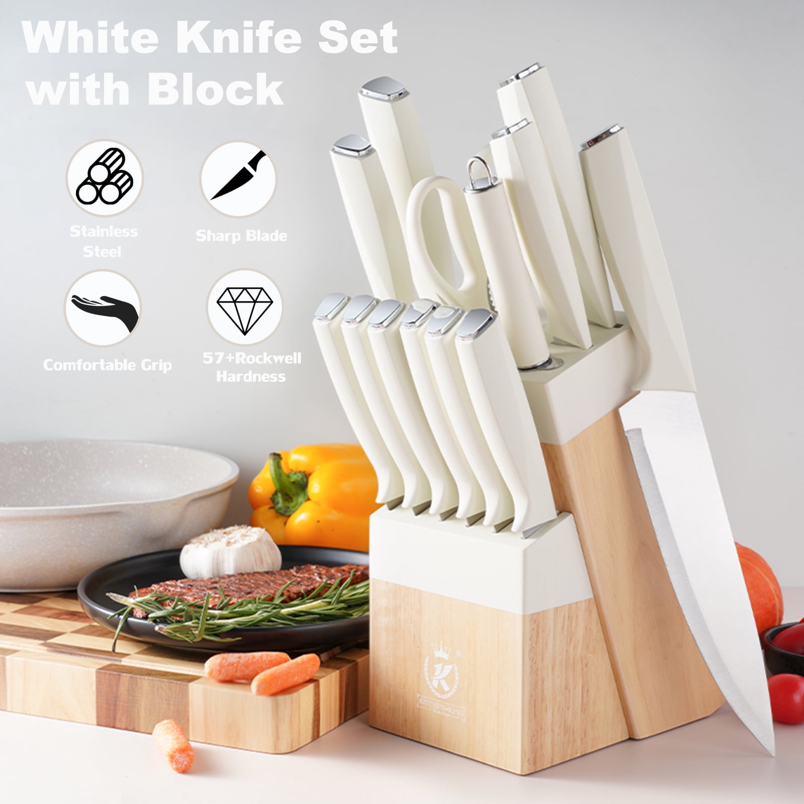 Kitchen Knife Block Set, 14-Piece Knife Set with Block and Sharpener, Sharp Stainless Steel Chef Knife Set for Kitchen Home Apartment Restaurant, White Knives Set Gifts for Women Mom