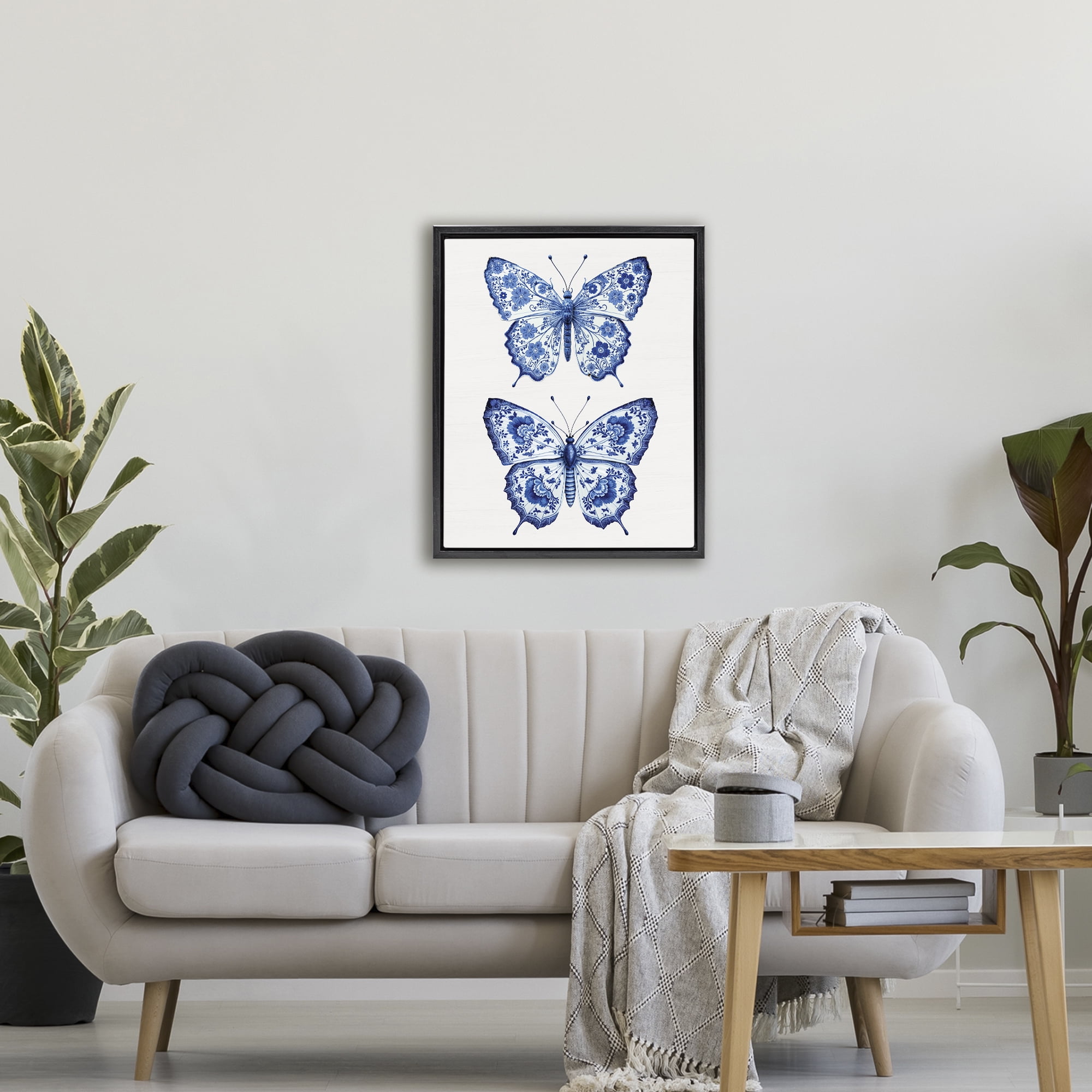Ornate Toile Pattern Butterflies Black Framed Floater Canvas Wall Art, design by Lettered and Lined