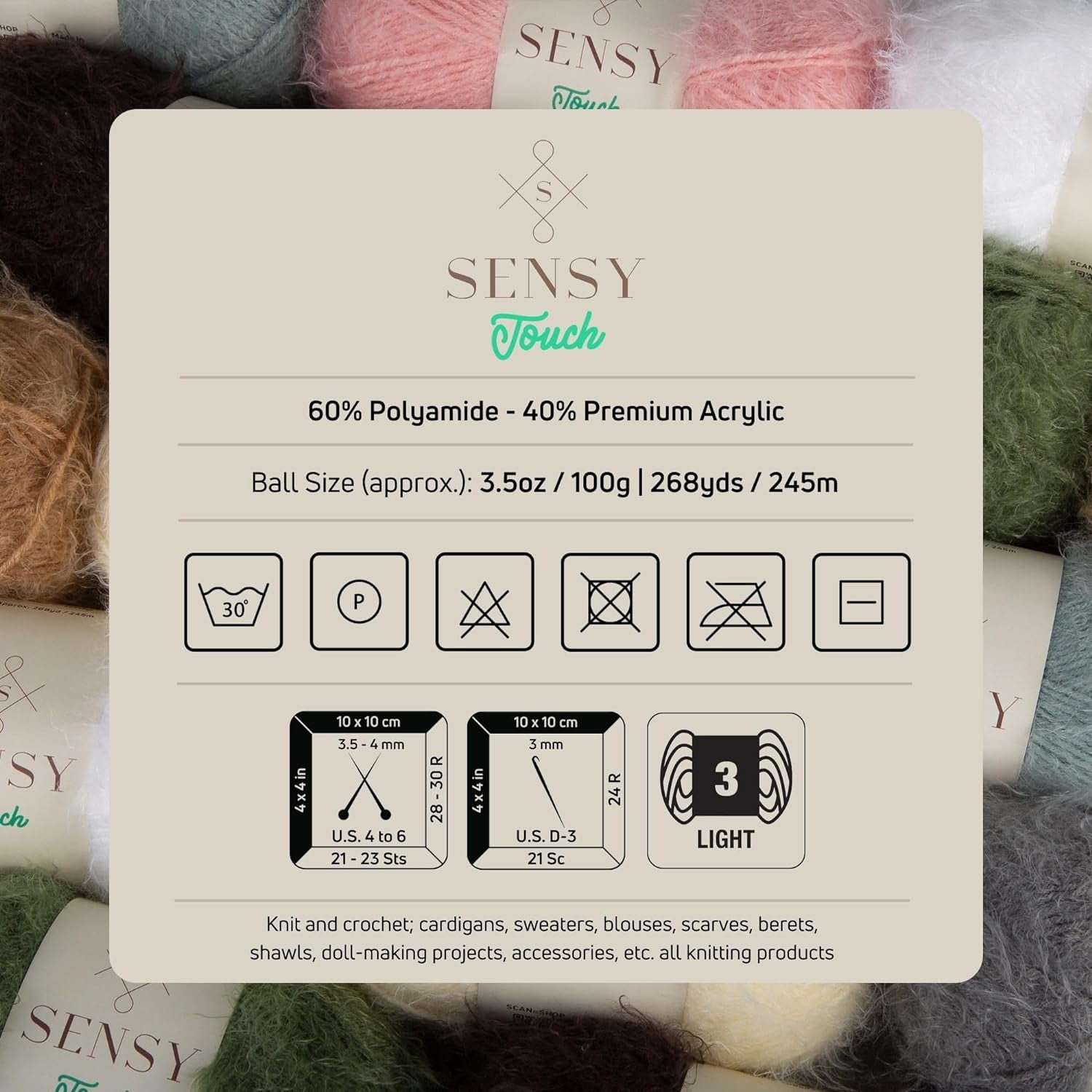 10 Skeins of Sensy Touch Yarn, 3.5 oz, 268 Yards, Gauge 3 Light (Brown)