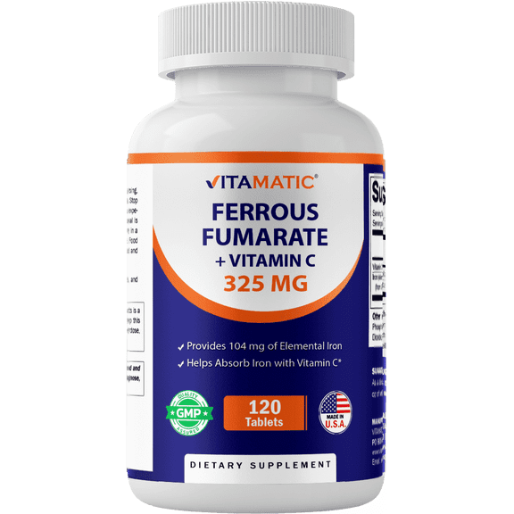Vitamatic Ferrous Fumarate 325 mg Vitamin C 100 mg (104 mg Elemental Iron) – High Potency Iron Supplement – Gentle on Stomach, 120 Tablets, Made in USA