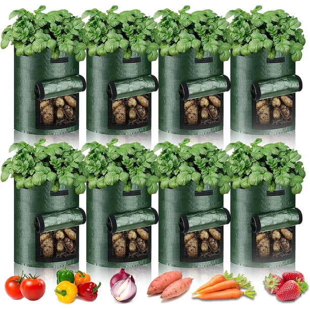 Zhuge Bolsas para cultivo de patatas, 10 galones, 8 paquetes, bolsas de cultivo gruesas y resistentes con ventana y asas (verde oscuro)