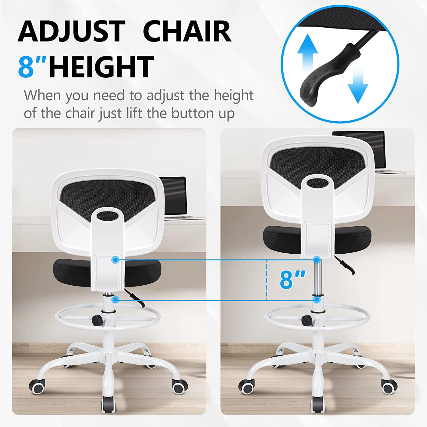 Tall Drafting Desk Chair - Armless, Adjustable Height, Mesh Back, Rolling, Standing Desk Chair for Art Room, Office or Home