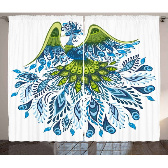 Ambesonne Peacock Curtains 2 Panel Set, Exotic Feathery Bird Motif, 108" x 108", Blue Green