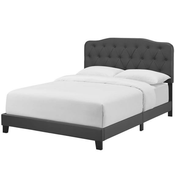 Modern Contemporary Urban Bedroom King Size Bed Frame, Faux Vinyl Leather, Grey Gray, Box Spring Required
