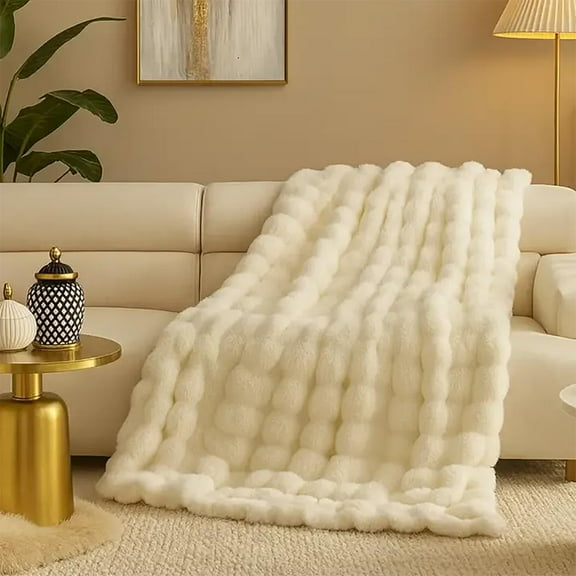 Fennco Styles Cuddle Bubble Faux Fur Throw Blanket 50" x 60" – White Ultra Soft Plush Textured Blanket for Couch, Bedroom, Living Room Décor