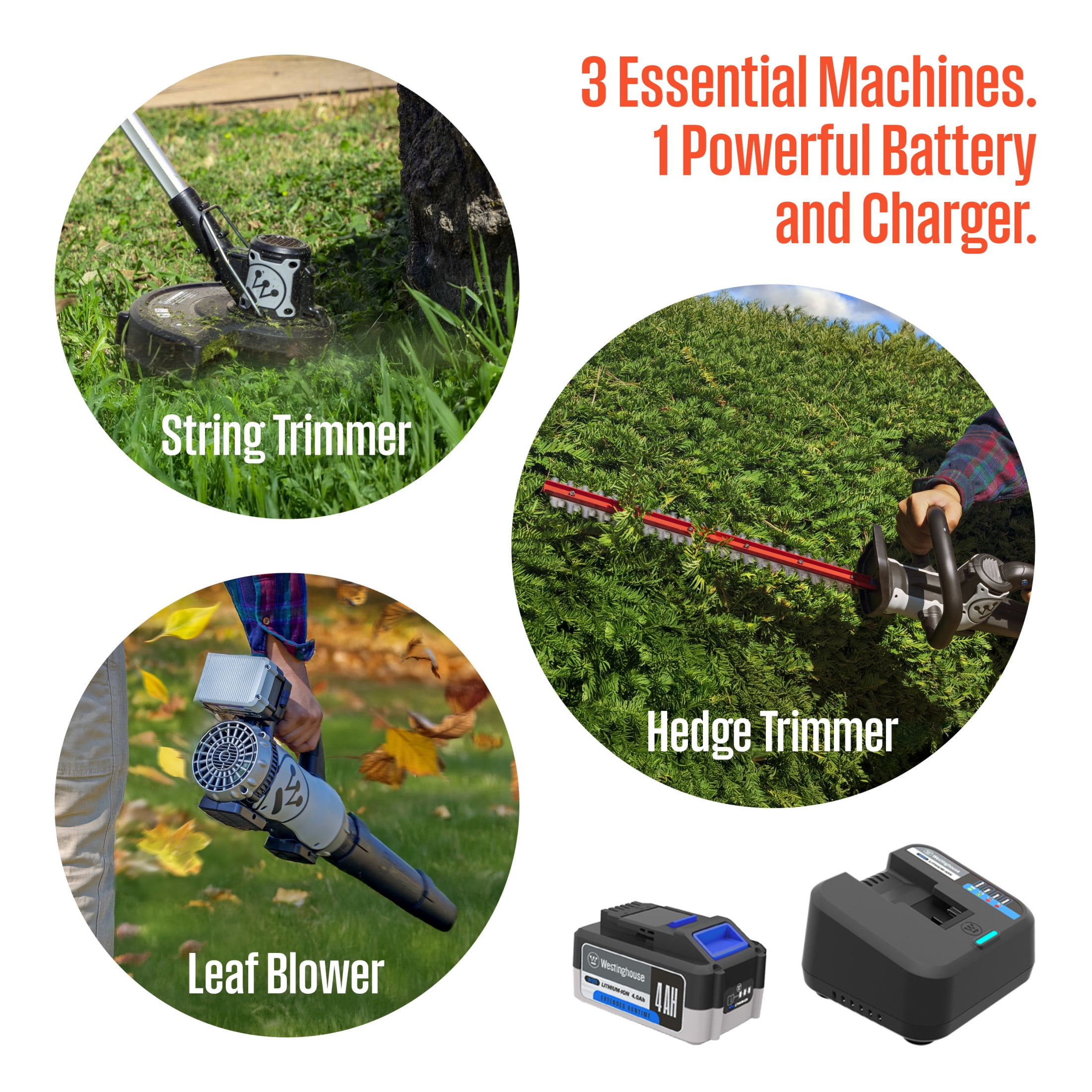 Westinghouse 20V Cordless Leaf Blower, 350 CFM, 110 MPH + 22" Cordless Hedge Trimmer, Dual-Action Steel Blades + 2-in-1 Cordless String Trimmer & Edger, 12" Cutting Path with 4.0Ah Battery & Charger