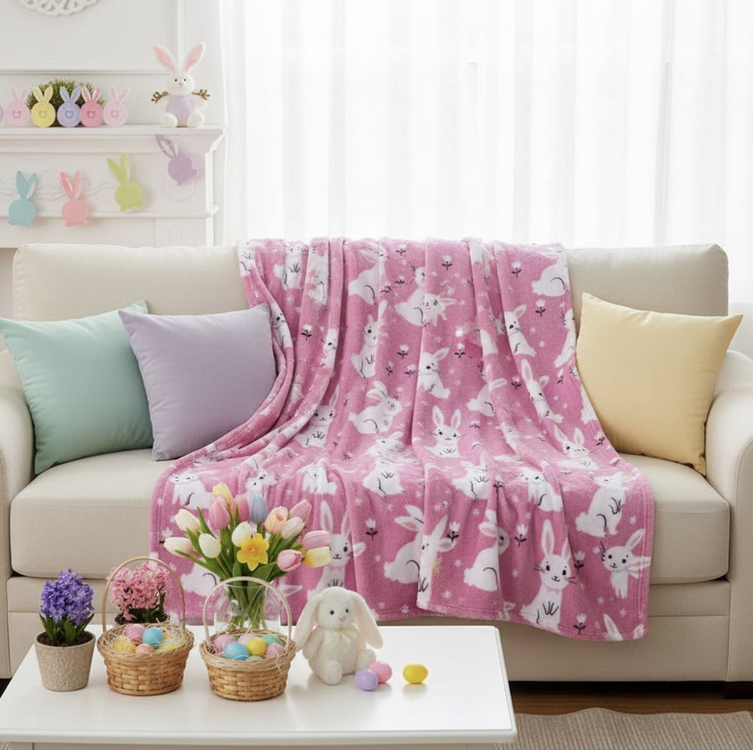 Serafina Home Spring Easter Bunny Throw Blanket, Soft Cozy Velvet Fleece, Pink And White, 50" x 60" Inch