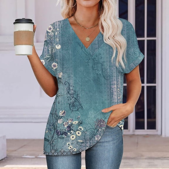 frariair ​Casual Flowy Tunic Top Featuring Artistic Design And Short Sleeves Perfect For Beach Vacations And Daily Comfort​ Blue