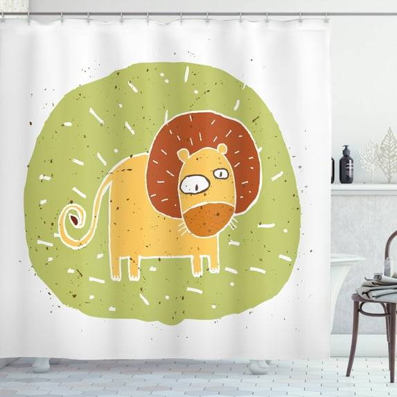 Lion Shower Curtain, Grungy Illustration of a Funny Zoo Animal in Childish Drawing Style Nursery Theme, Fabric Bathroom Set with Hooks, 69W X 75L Inches Long, Multicolor, by Ambesonne