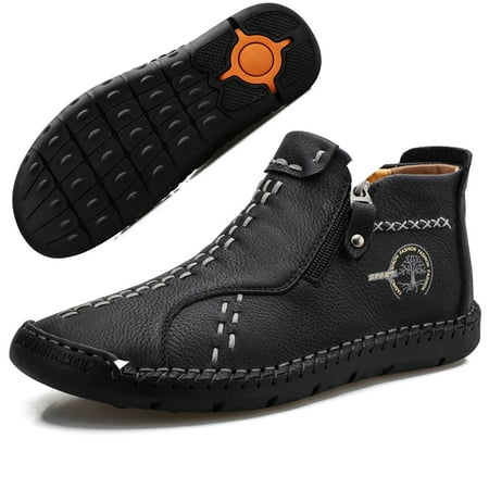 

Mens Ankle Boots Leather Casual Loafers Shoes Side Zipper Boots Hand Stitching