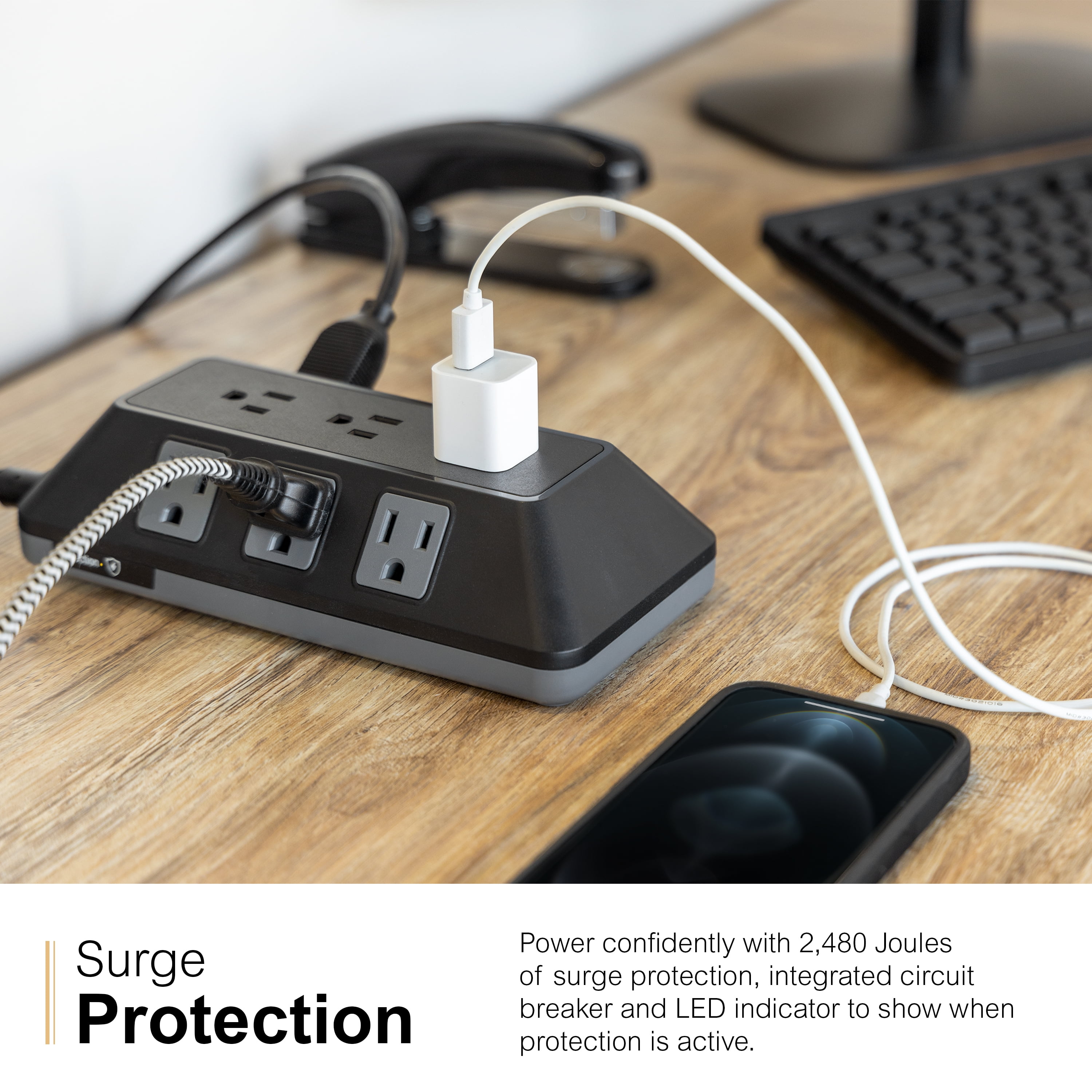 GE Adapt 9-Outlet Surge Protector Power Strip, 8ft Braided Cord, Black