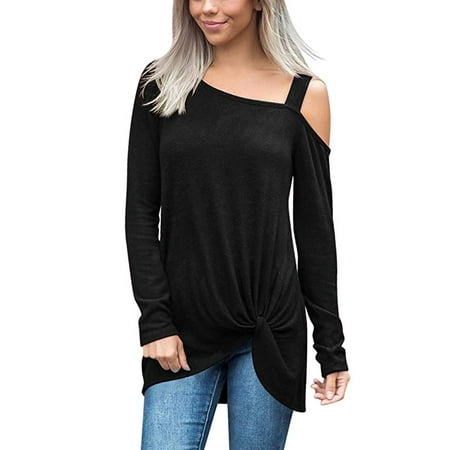 Pink Verona Sleeve - Womens Cold Shoulder Tops Long Sleeve T-shirt One Shoulder Blouses with Knot Twist
